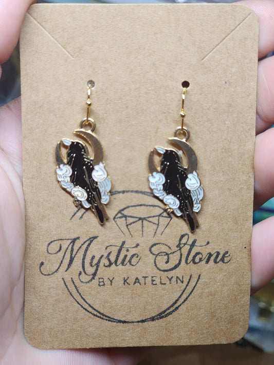 Gold plated crow & moon charm style earrings  | fun Halloween earrings, gold plated enamel hypoallergenic nickel free, cute earrings