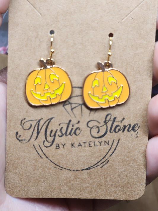 Gold plated jack-o-lantern charm style earrings | fun Halloween earrings, gold plated enamel hypoallergenic nickel free, cute earrings