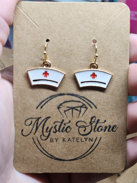 Gold plated nurse hat charm style earrings  | fun RN earrings, gold plated enamel hypoallergenic nickel free, cute earrings