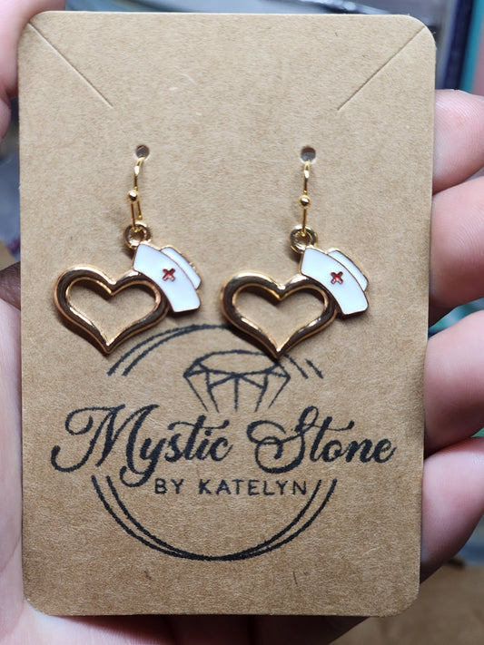 Gold plated nursing cap heart charm style earrings  | fun RN, nursing earrings, gold plated enamel hypoallergenic nickel free, cute earrings