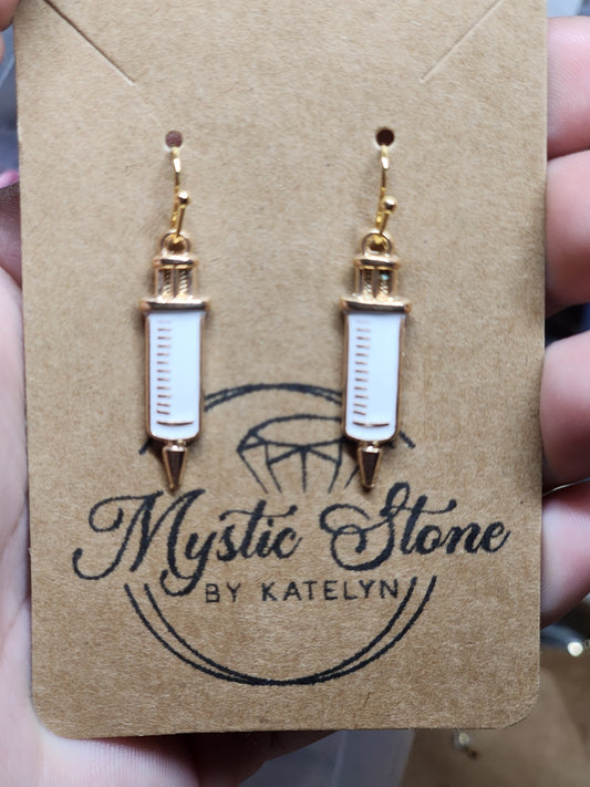 Gold plated Syringe charm style earrings