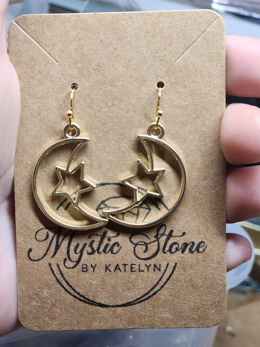 Gold plated Cresent Moon & Star charm style earrings  | fun celestial earrings, gold plated, hypoallergenic nickel free, cute earrings