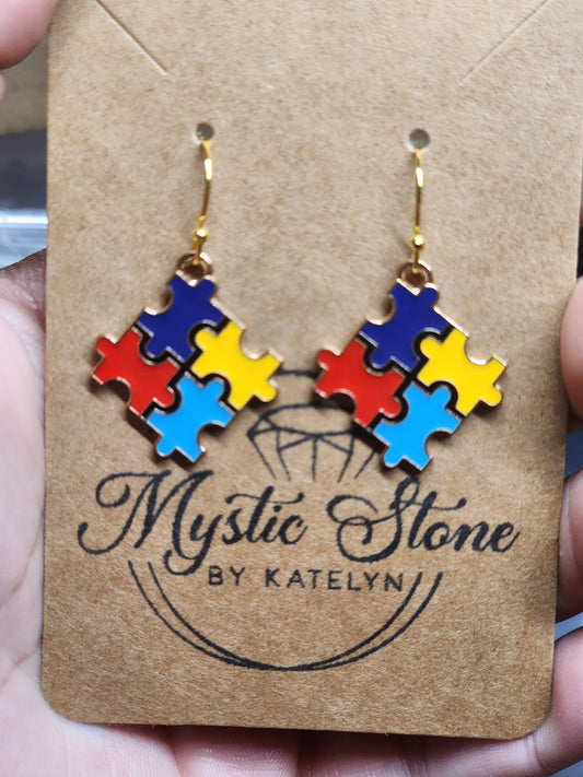 Gold Plated Autism Spectrum Disorder Charm style earrings | autism awareness earrings, enamel, hypoallergenic nickel free