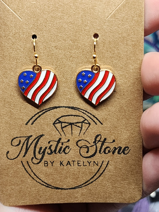 Gold plated American Flag Hearts charm style earrings | fun patriotic earrings, flag, forth of july, enamel hypoallergenic nickel free