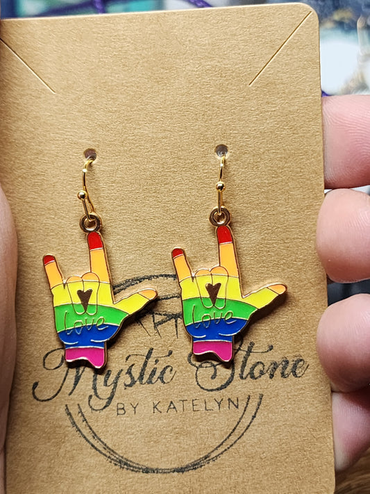 Rainbow Love Sign. Pride love in sign language  | fun pride earrings, gold plated enamel hypoallergenic nickel free, cute rainbow earrings