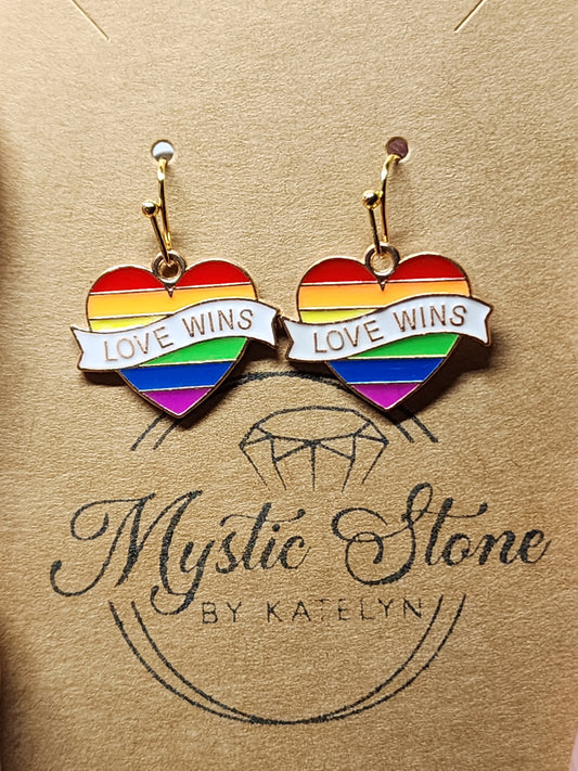 Gold plated "love wins" Rainbow heart charm style earrings | fun pride earrings, enamel hypoallergenic nickel free