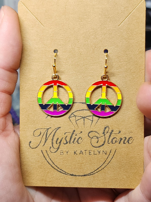 Gold plated Rainbow Peace Sign Charm style Earrings  | fun pride earrings, gold plated enamel hypoallergenic nickel free, cute earrings