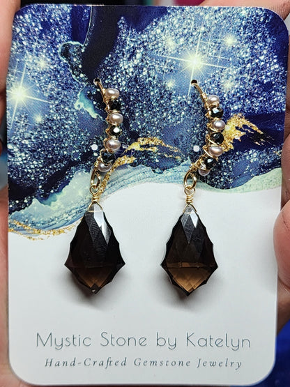 14k Gold -Filled Fancy Cut Smokey Quartz, Silver Freshwater Pearl & Black Spinel Earrings