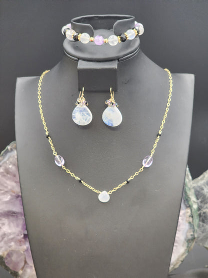 14k Gold-Filled Rainbow Moonstone, Amethyst & Black Spinel Gematone Necklace