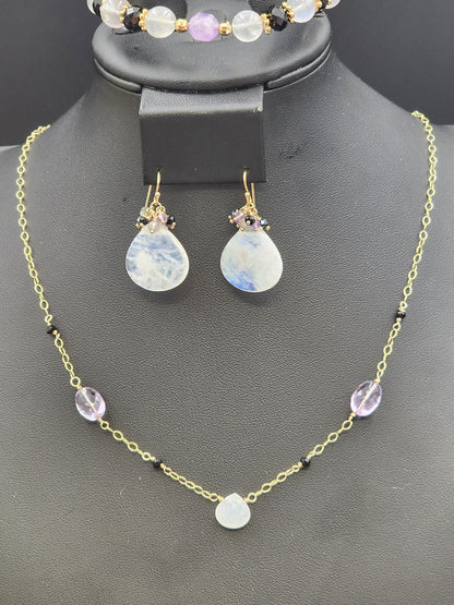 14k Gold-Filled Rainbow Moonstone, Amethyst & Black Spinel Gematone Necklace