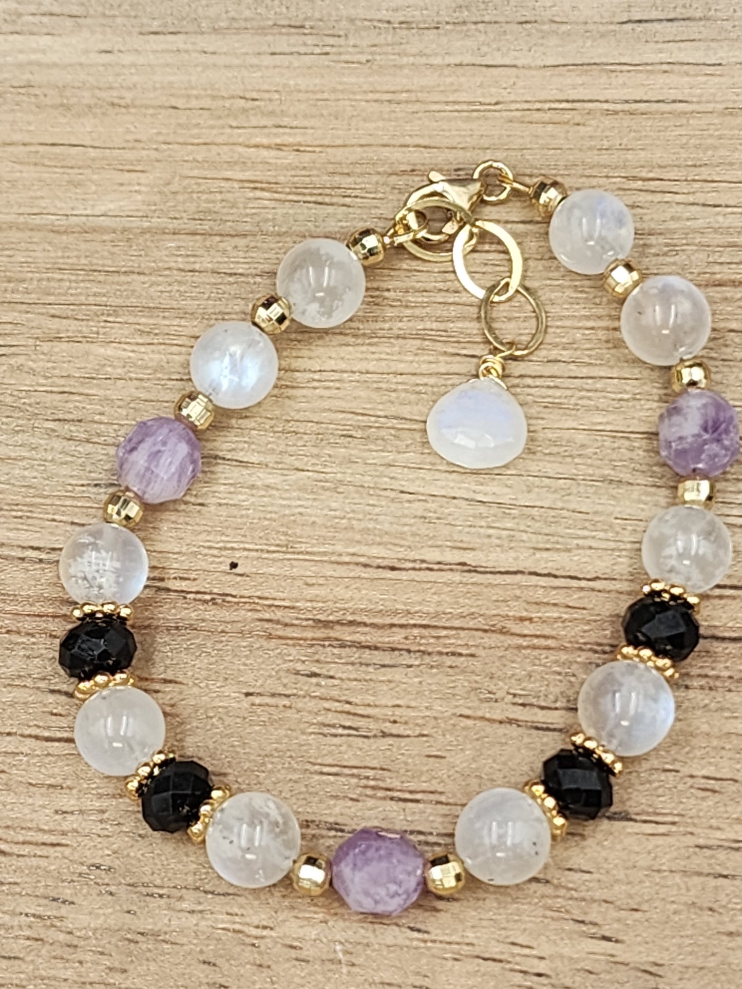 14k Gold-Filled Rainbow Moonstone, Amethyst & Black Spinel Gematone Bracelet