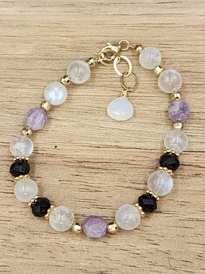 14k Gold-Filled Rainbow Moonstone, Amethyst & Black Spinel Gematone Bracelet