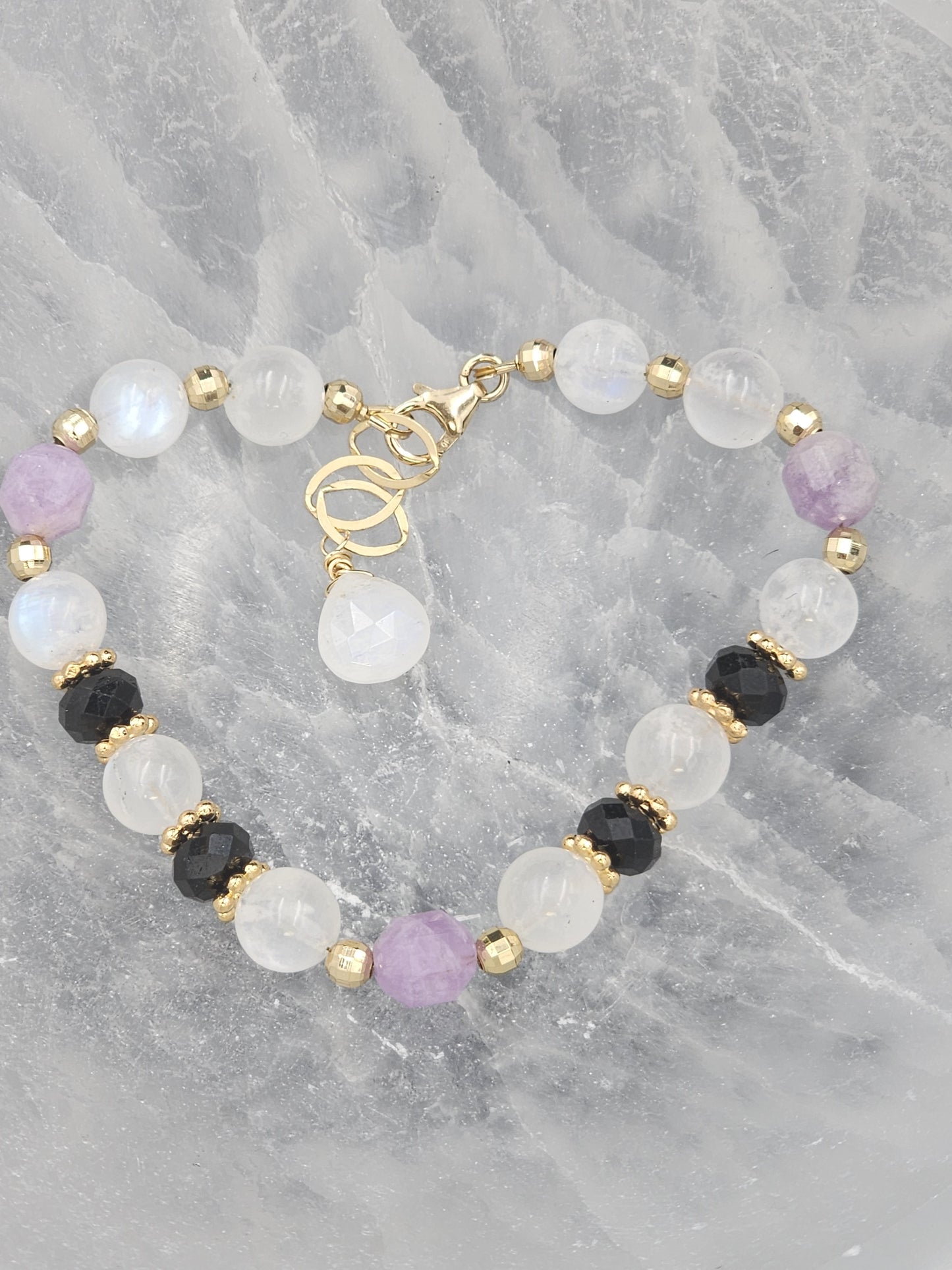 14k Gold-Filled Rainbow Moonstone, Amethyst & Black Spinel Gematone Bracelet