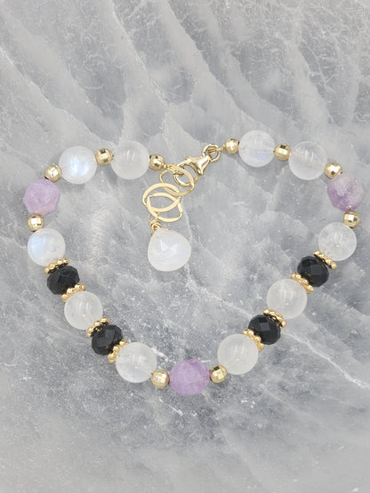 14k Gold-Filled Rainbow Moonstone, Amethyst & Black Spinel Gematone Bracelet