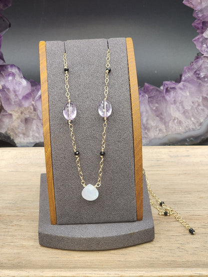 14k Gold-Filled Rainbow Moonstone, Amethyst & Black Spinel Gematone Necklace