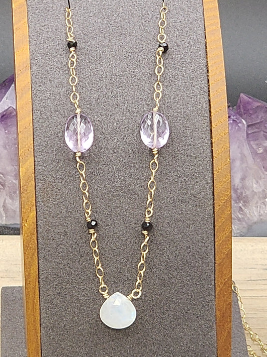 14k Gold-Filled Rainbow Moonstone, Amethyst & Black Spinel Gematone Necklace