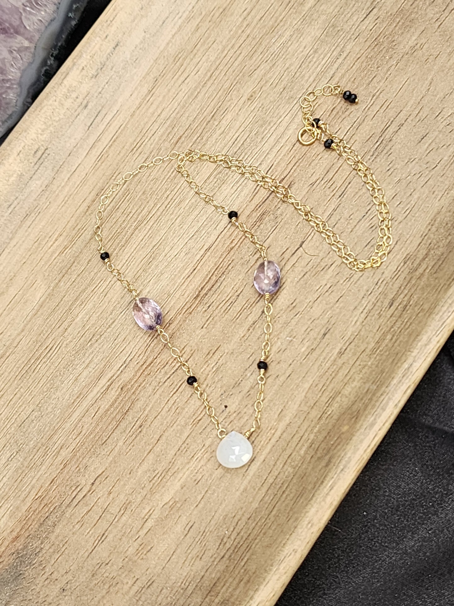 14k Gold-Filled Rainbow Moonstone, Amethyst & Black Spinel Gematone Necklace