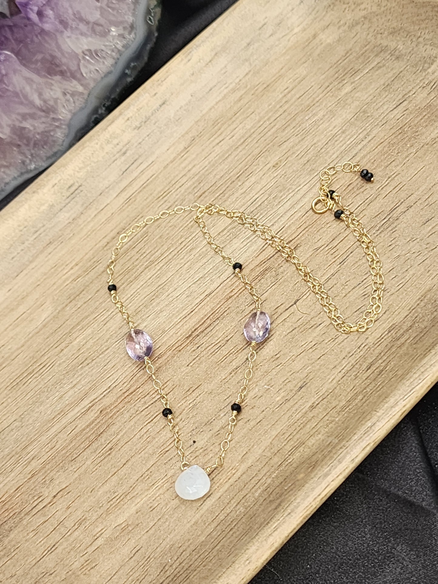 14k Gold-Filled Rainbow Moonstone, Amethyst & Black Spinel Gematone Necklace