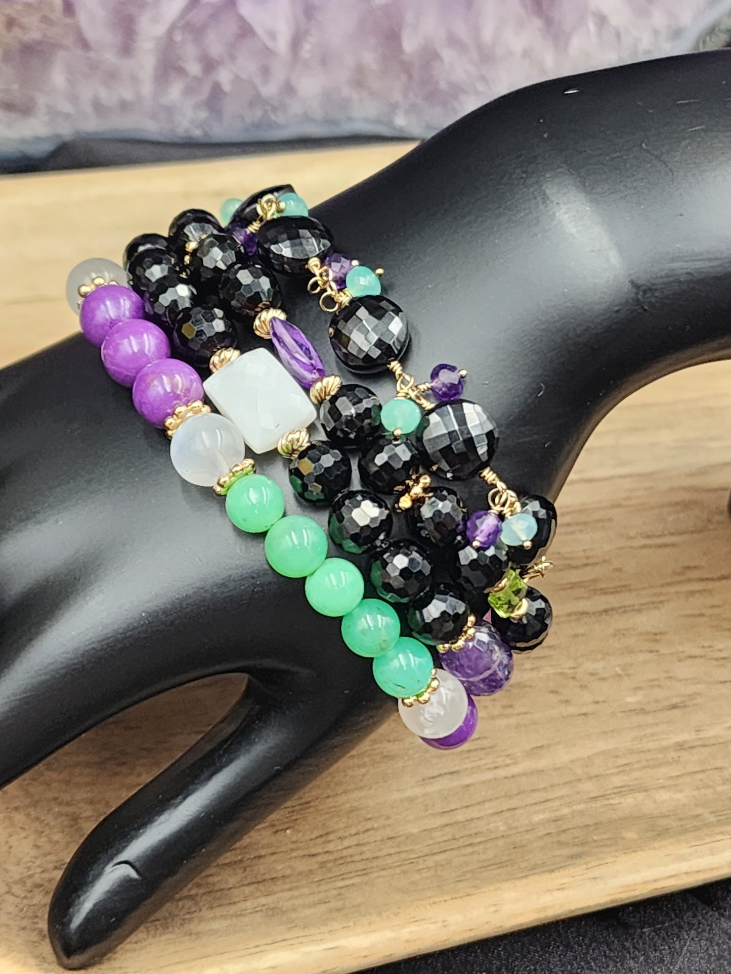 14k Gold-Filled Black Spinel, White Moonstone, Amethyst and Mystic Labradorite Bracelet