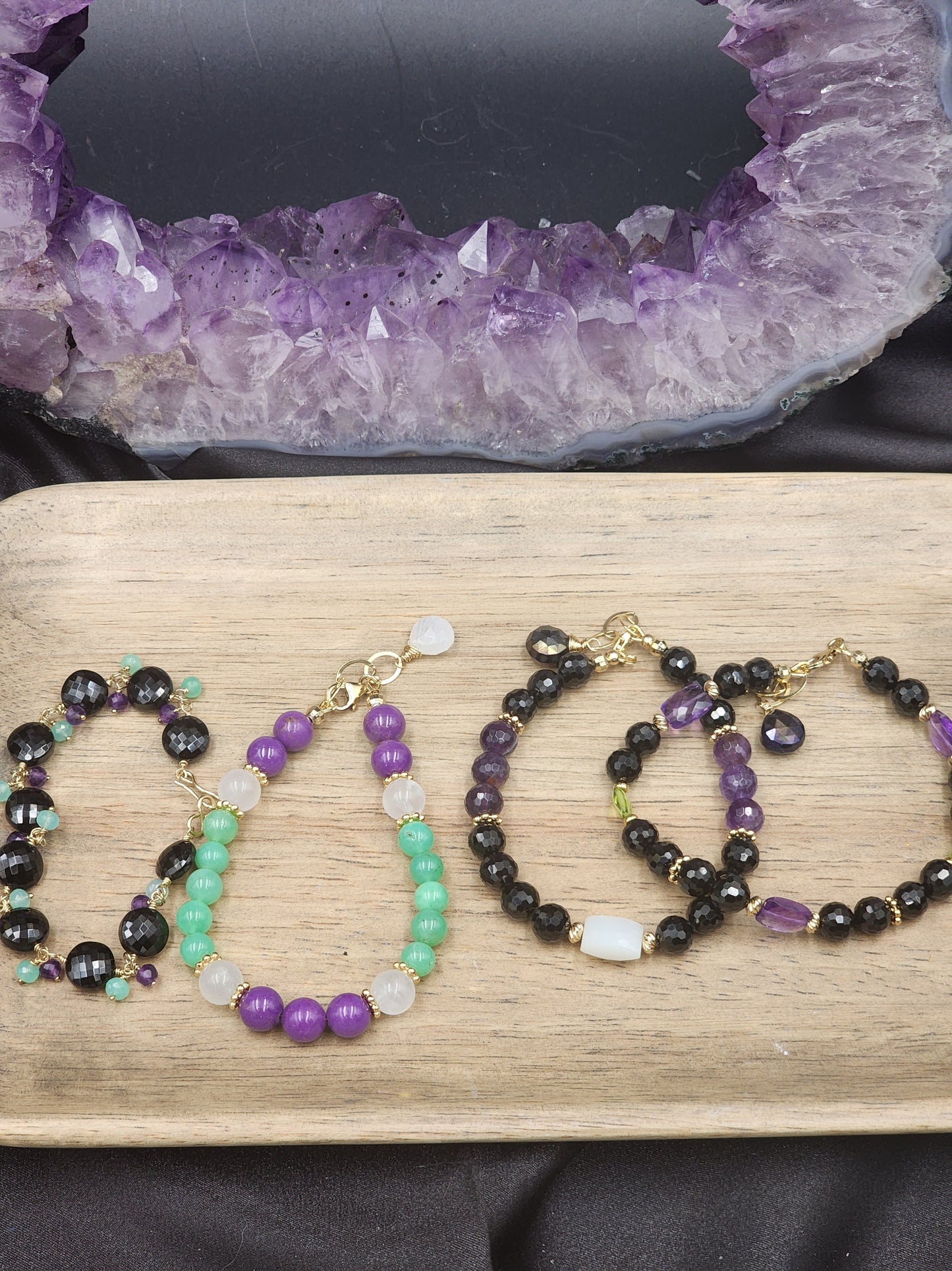 14k Gold-Filled Black Spinel, White Moonstone, Amethyst and Mystic Labradorite Bracelet