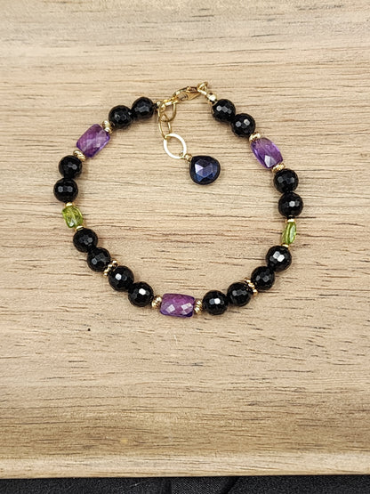 14k Gold-Filled Black Spinel, Amethyst, Peridot & Mystic Labradorite Gemstone Bracelet