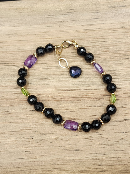 14k Gold-Filled Black Spinel, Amethyst, Peridot & Mystic Labradorite Gemstone Bracelet