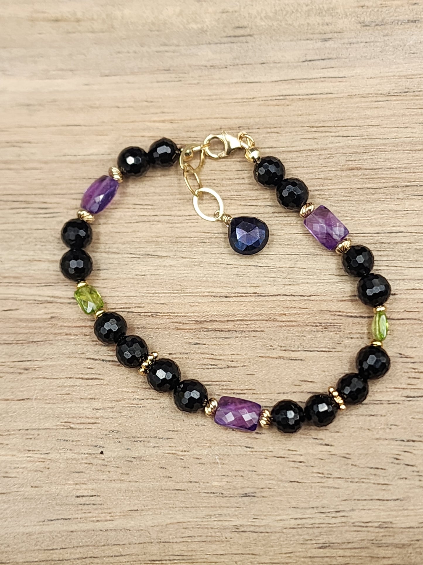 14k Gold-Filled Black Spinel, Amethyst, Peridot & Mystic Labradorite Gemstone Bracelet