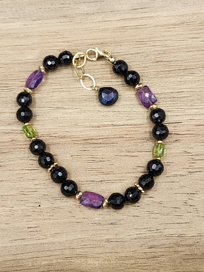 14k Gold-Filled Black Spinel, Amethyst, Peridot & Mystic Labradorite Gemstone Bracelet