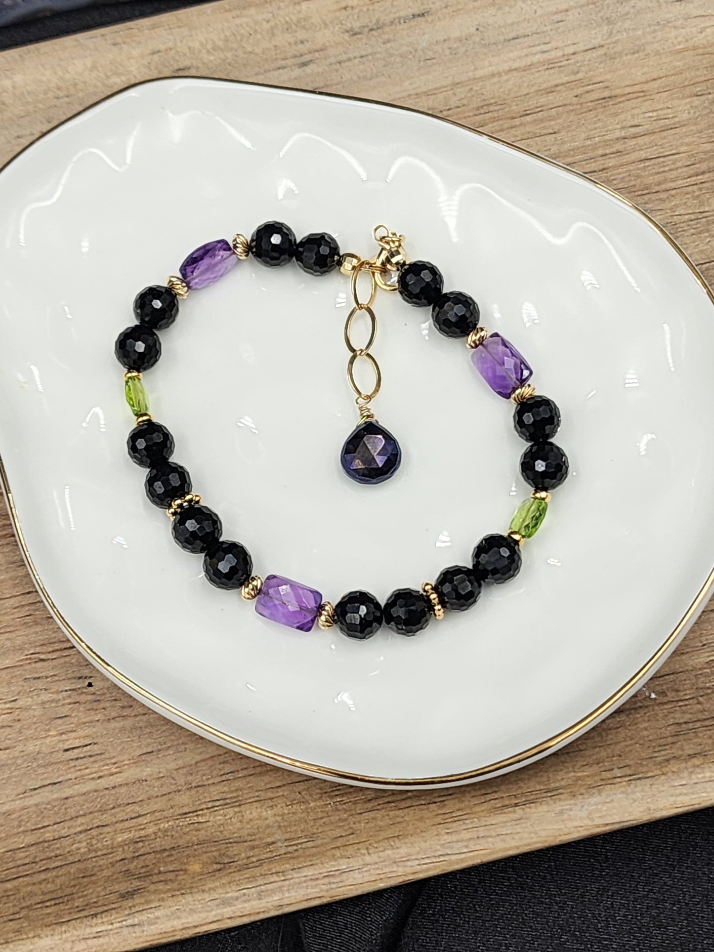 14k Gold-Filled Black Spinel, Amethyst, Peridot & Mystic Labradorite Gemstone Bracelet