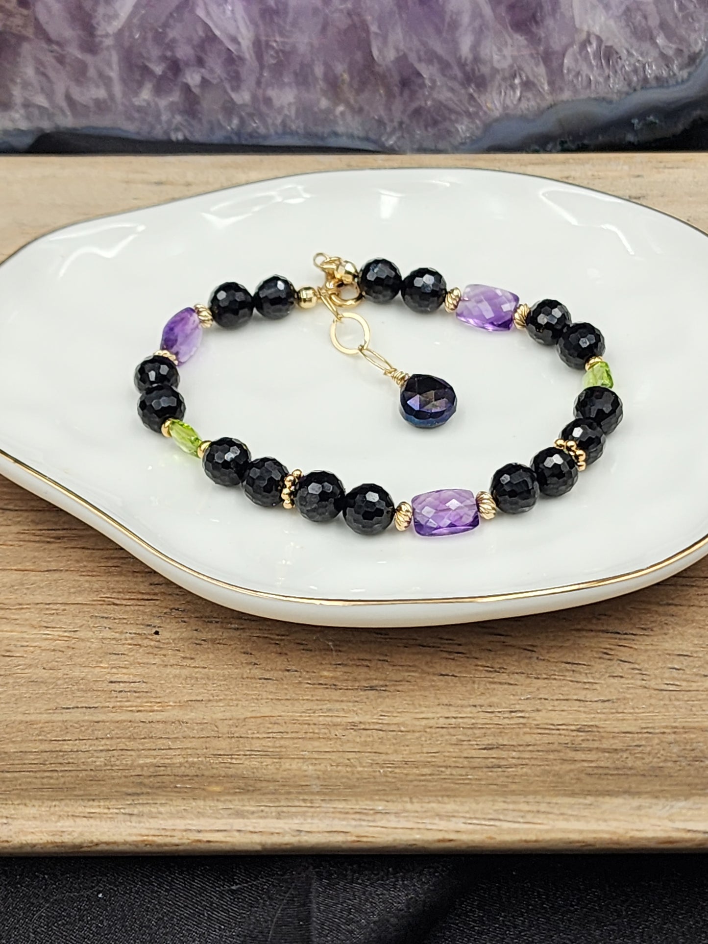 14k Gold-Filled Black Spinel, Amethyst, Peridot & Mystic Labradorite Gemstone Bracelet