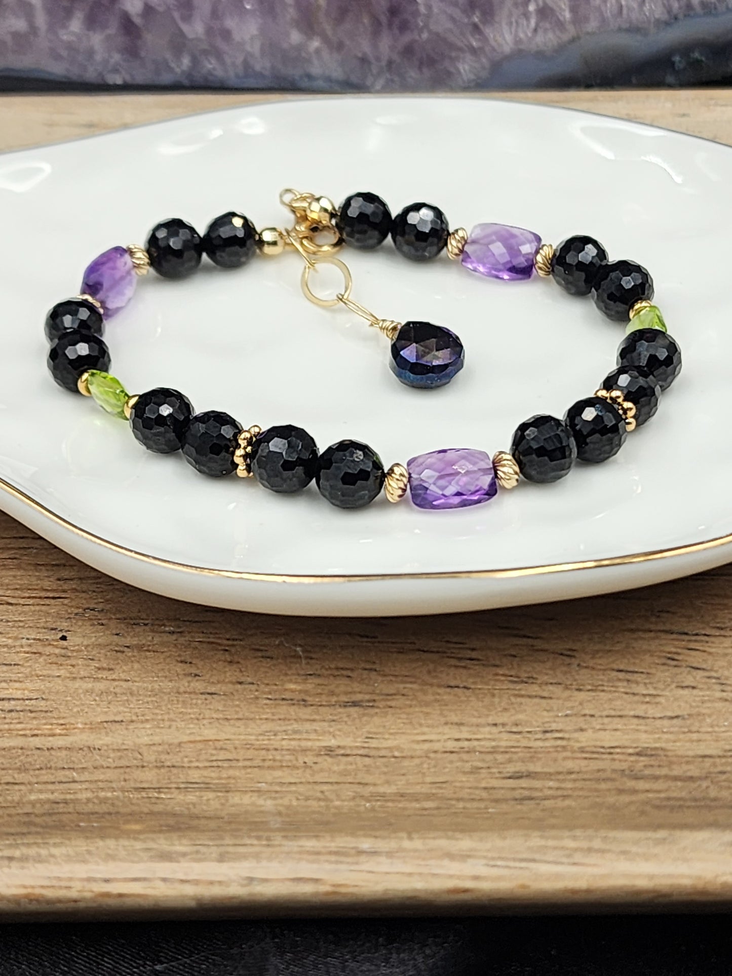 14k Gold-Filled Black Spinel, Amethyst, Peridot & Mystic Labradorite Gemstone Bracelet