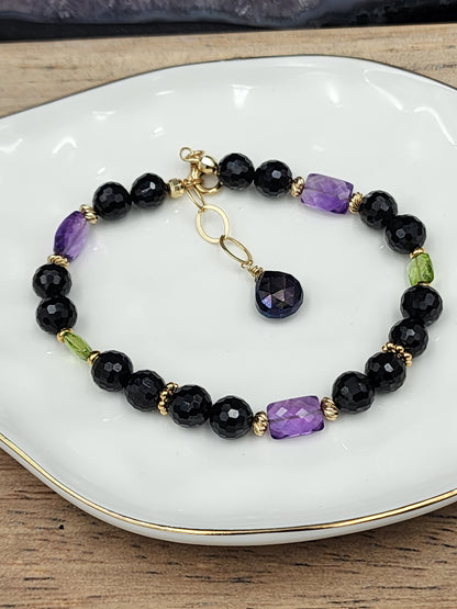 14k Gold-Filled Black Spinel, Amethyst, Peridot & Mystic Labradorite Gemstone Bracelet