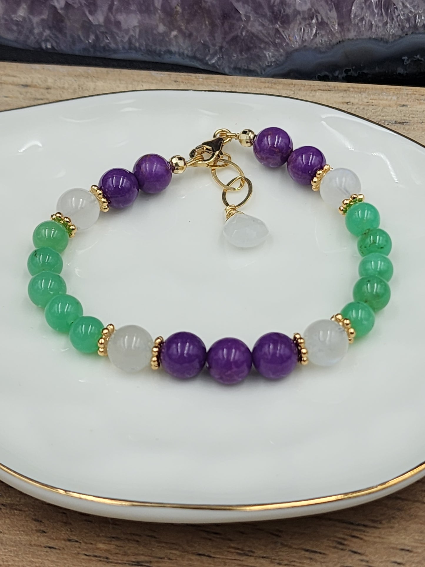 14k Gold Filled Phosphosiderite, Chrysoprase & Rainbow Moonstone Gemstone Bracelet