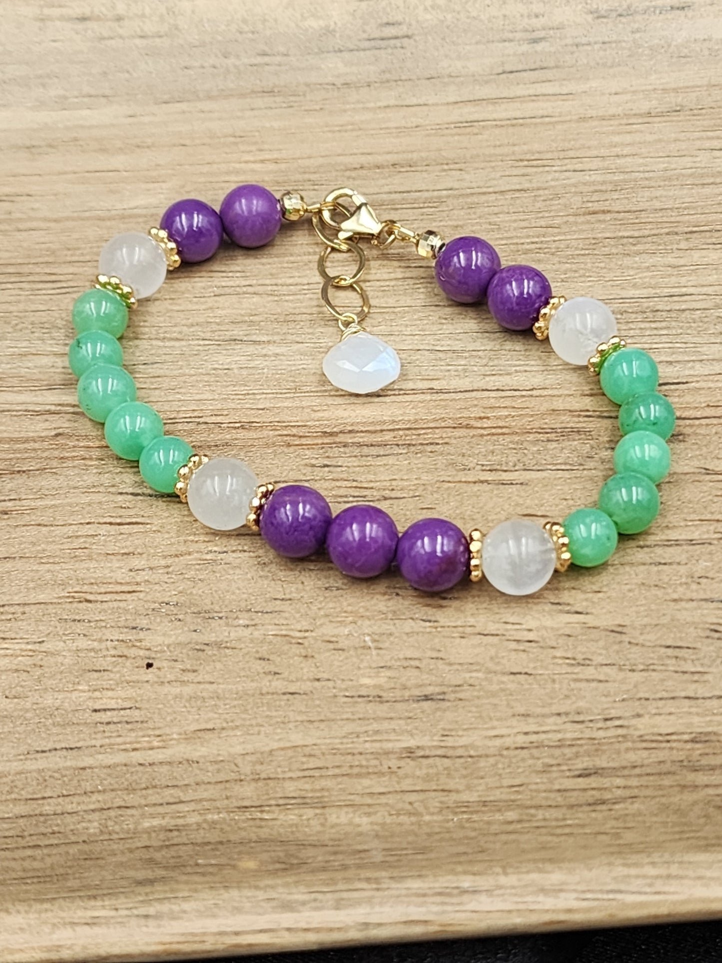 14k Gold Filled Phosphosiderite, Chrysoprase & Rainbow Moonstone Gemstone Bracelet