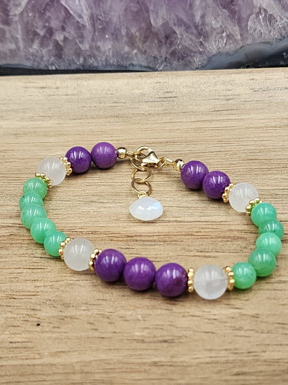 14k Gold Filled Phosphosiderite, Chrysoprase & Rainbow Moonstone Gemstone Bracelet