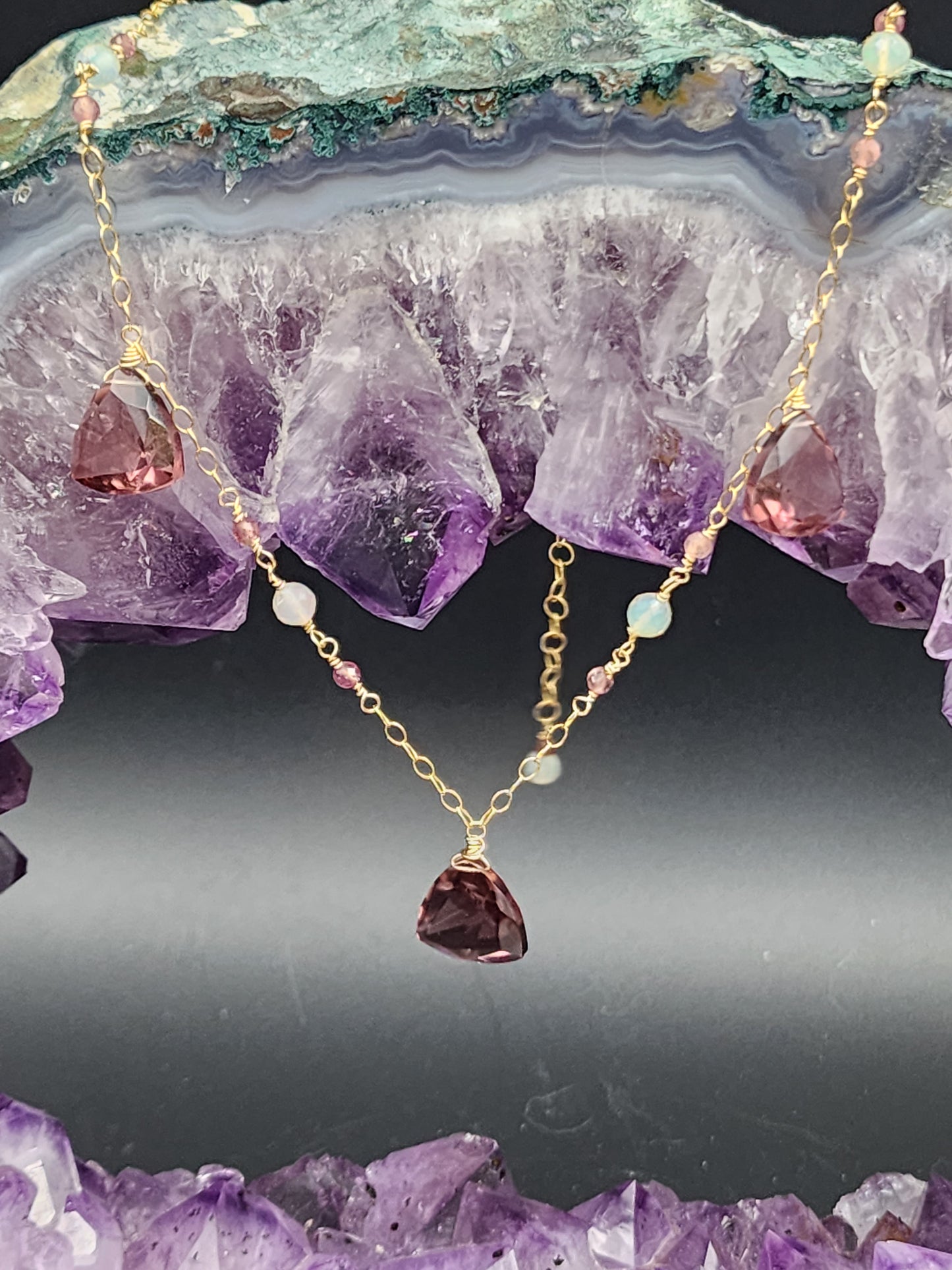 14k Gold-Filled "Kunzite" Quartz, Pink Tourmaline & Opal Necklace