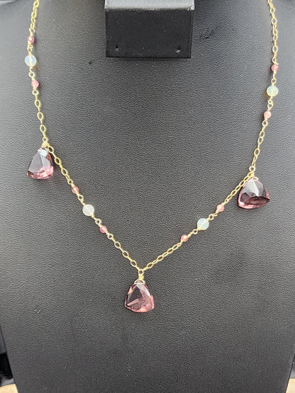 14k Gold-Filled "Kunzite" Quartz, Pink Tourmaline & Opal Necklace