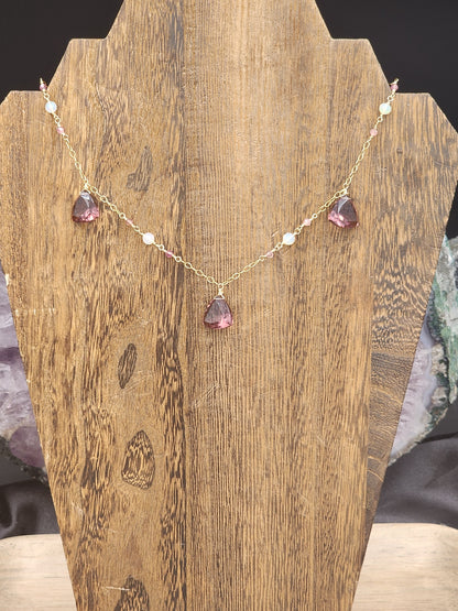 14k Gold-Filled "Kunzite" Quartz, Pink Tourmaline & Opal Necklace