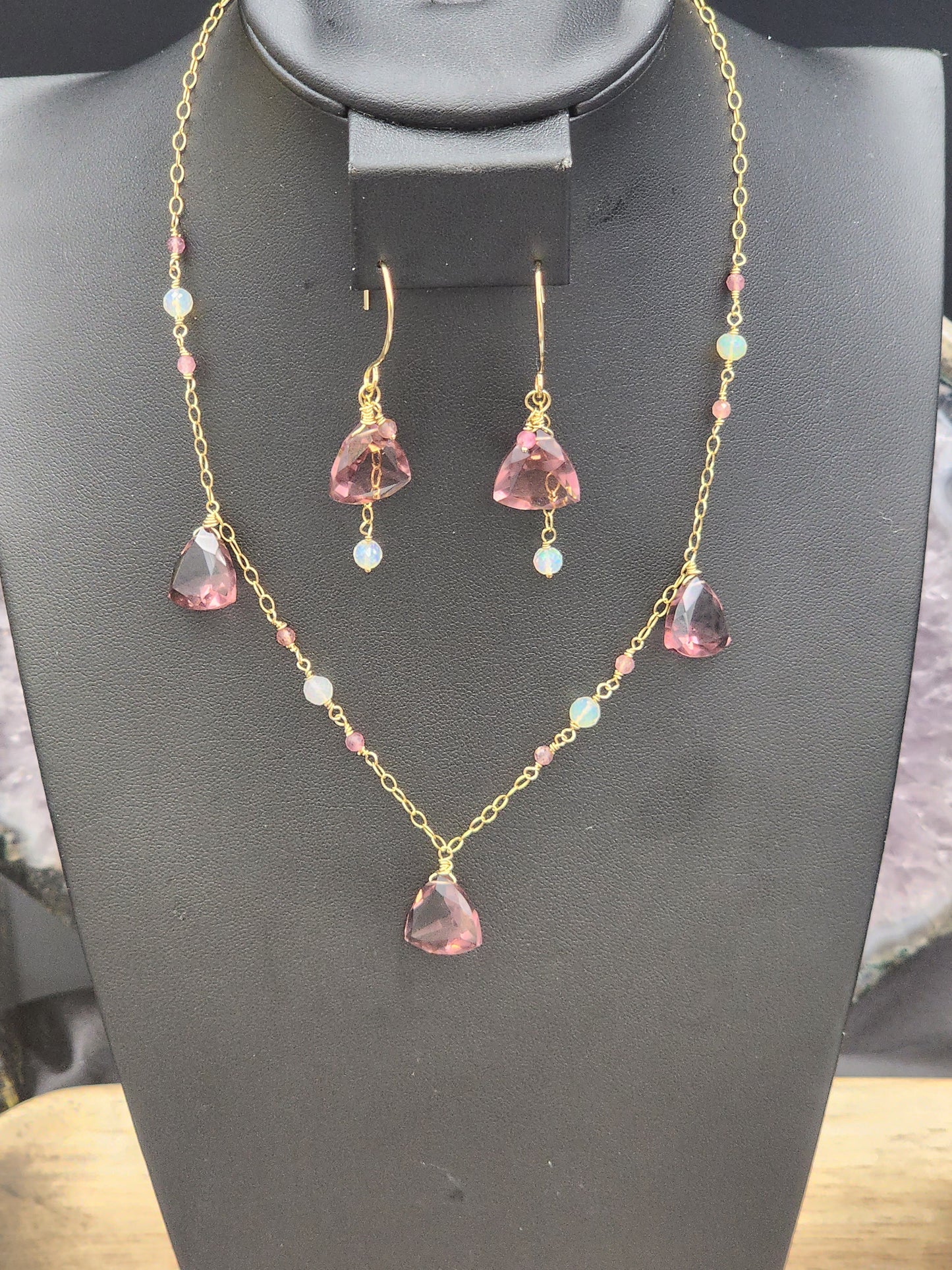 14k Gold-Filled "Kunzite" Quartz, Pink Tourmaline & Opal Necklace