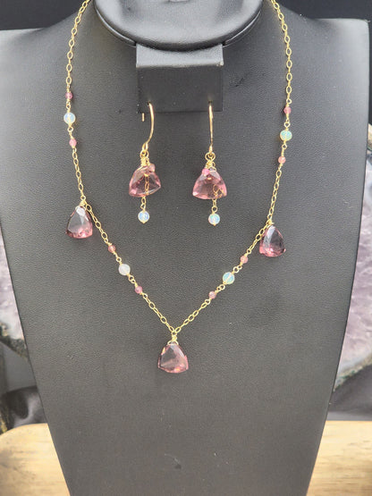 14k Gold-Filled "Kunzite" Quartz, Pink Tourmaline & Opal Necklace