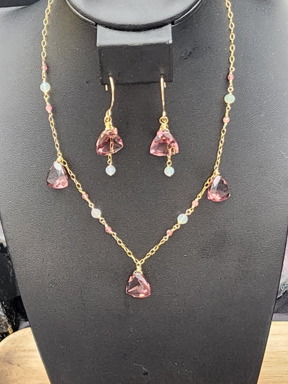 14k Gold-Filled "Kunzite" Quartz, Pink Tourmaline & Opal Necklace