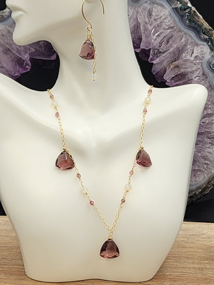 14k Gold-Filled "Kunzite" Quartz, Pink Tourmaline & Opal Necklace