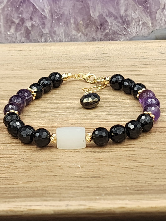 14k Gold-Filled Black Spinel, White Moonstone, Amethyst and Mystic Labradorite Bracelet