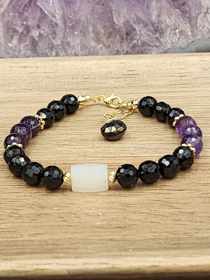 14k Gold-Filled Black Spinel, White Moonstone, Amethyst and Mystic Labradorite Bracelet