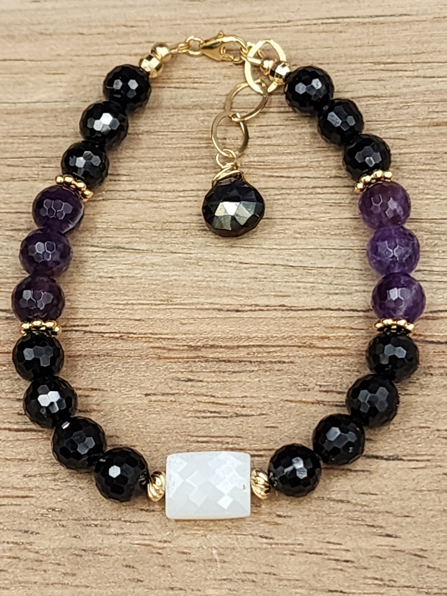 14k Gold-Filled Black Spinel, White Moonstone, Amethyst and Mystic Labradorite Bracelet