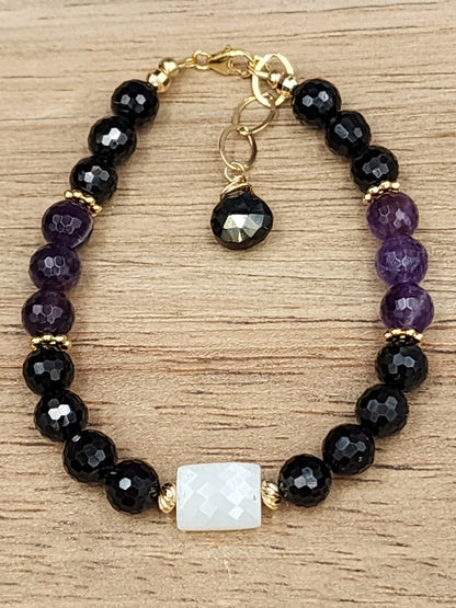 14k Gold-Filled Black Spinel, White Moonstone, Amethyst and Mystic Labradorite Bracelet