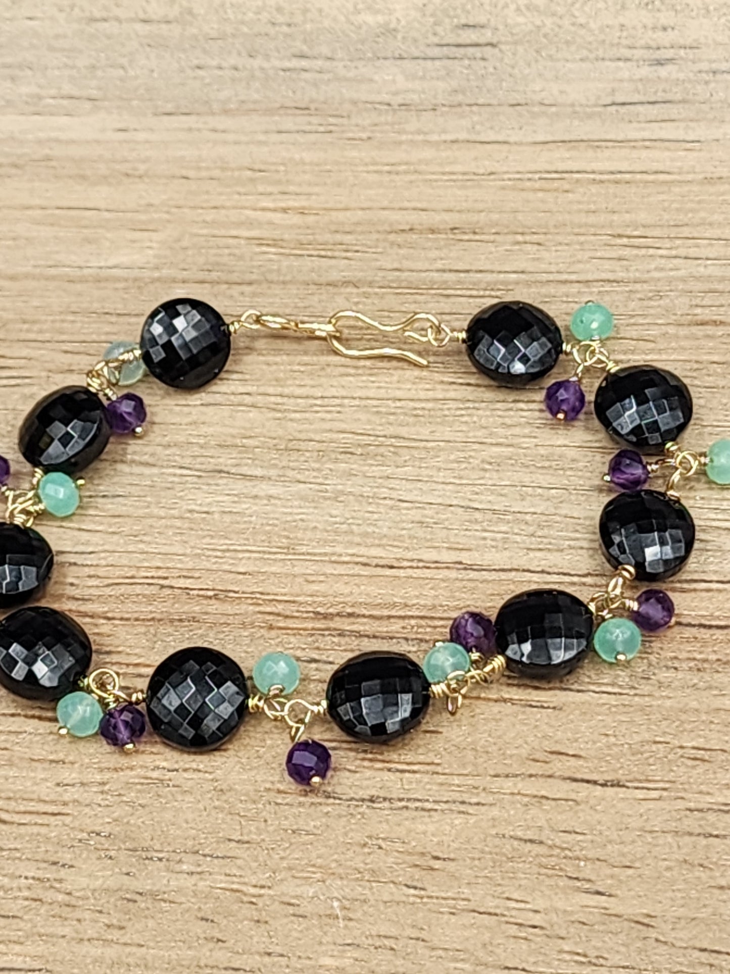 14k Gold-Filled Black Spinal, Amethyst & Chrysoprase Gemstone Bracelet