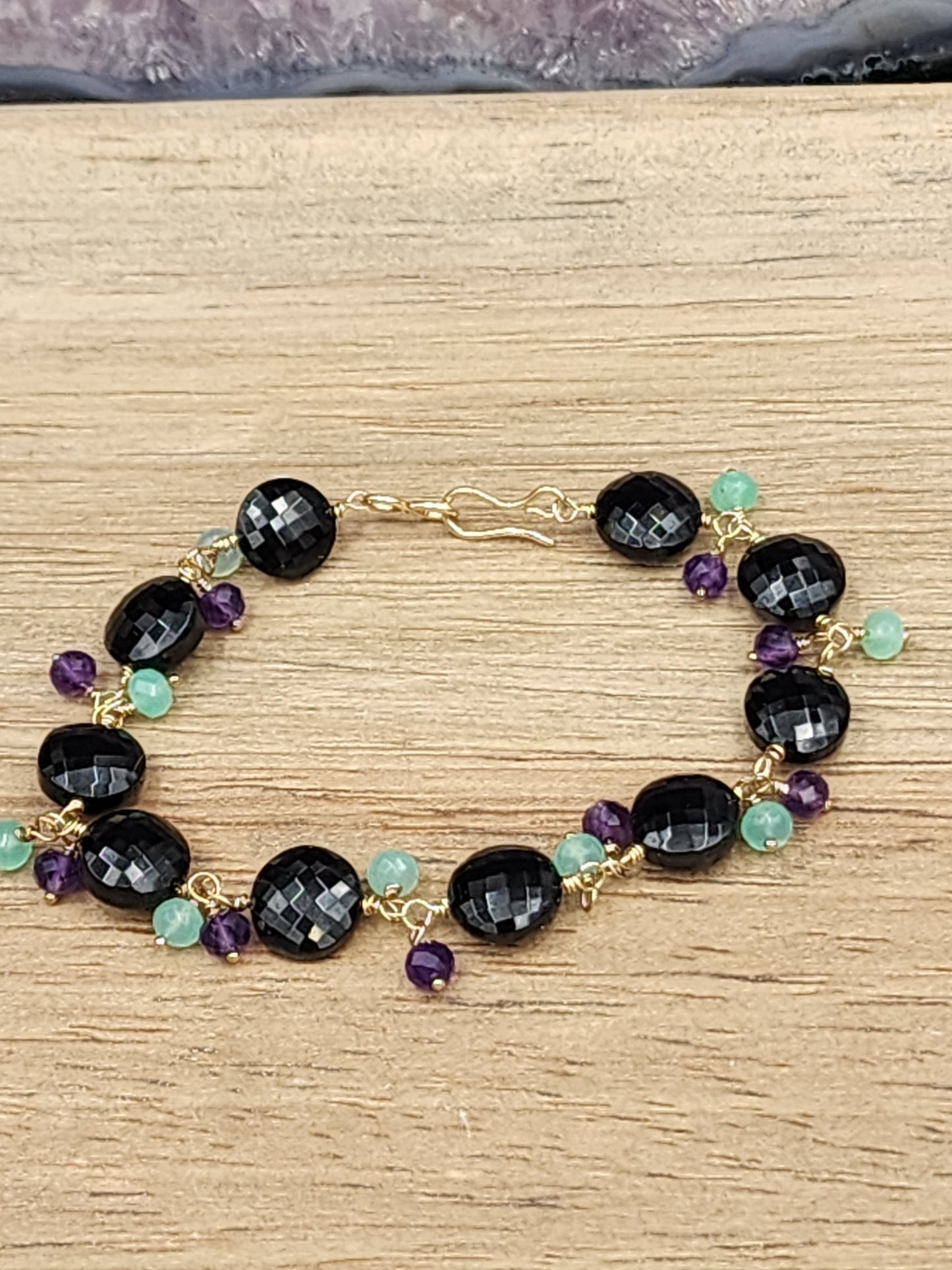 14k Gold-Filled Black Spinal, Amethyst & Chrysoprase Gemstone Bracelet