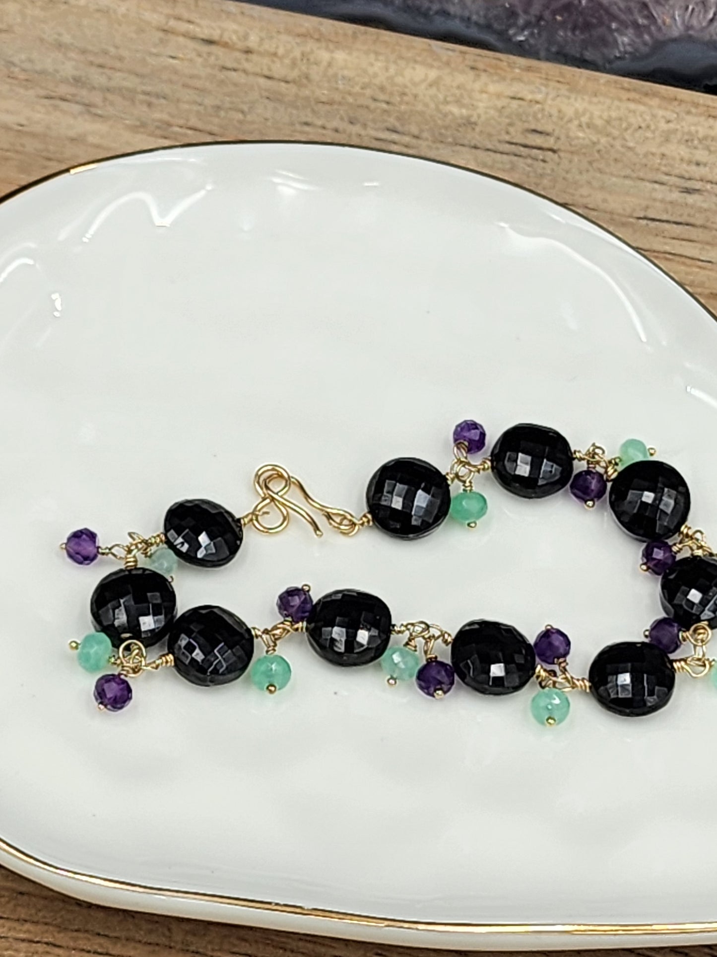 14k Gold-Filled Black Spinal, Amethyst & Chrysoprase Gemstone Bracelet