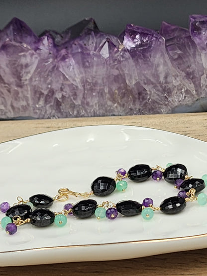 14k Gold-Filled Black Spinal, Amethyst & Chrysoprase Gemstone Bracelet